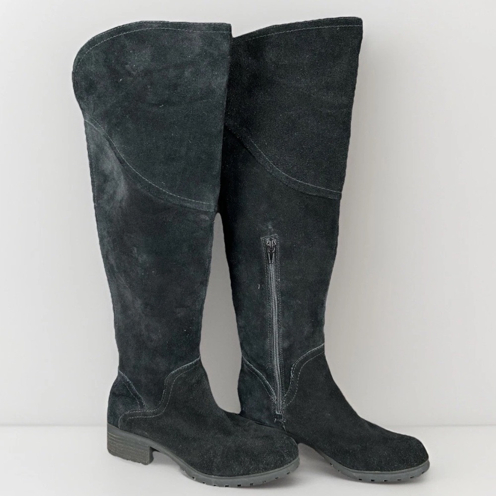 Lucky Brand Calypso‎ Boots Womens 7 Black Suede Over The Knee Low Heel Lug Sole